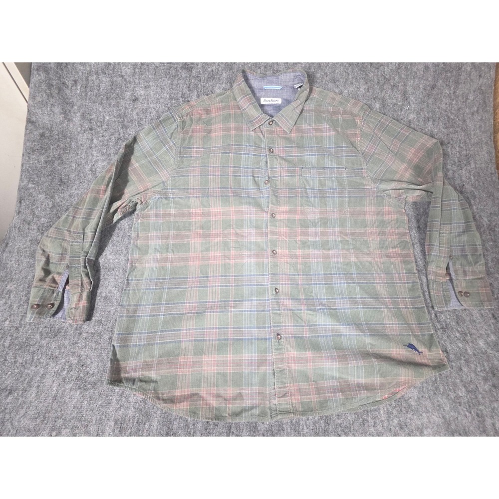 Tommy Bahama Shirt Men 3XL XXXL Olive Green Plaid Corduroy Long Sleeve Button Up